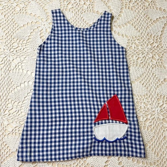 Vintage 1980s Dapple Sailboat Applique Blue Gingham Shift Dress Girls 3 3T - Picture 1 of 2